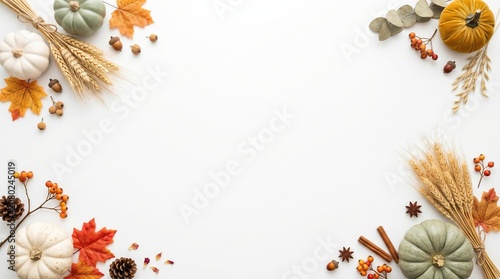 Autumn leaves and pumpkins arranged with wheat on a white background for fall decoration