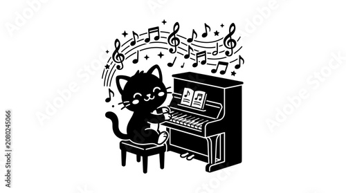 Bild auf Leinwand Cute Black Cat Playing Piano with Musical Notes