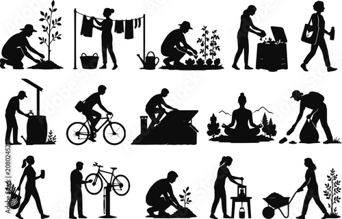 Eco Friendly Sustainable Lifestyle Green Living Activities Silhouettes Vector Set Isolated