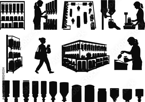 Zero Waste Bulk Store Dispenser Jar Refill Shop Interior Silhouettes Vector Set Isolated