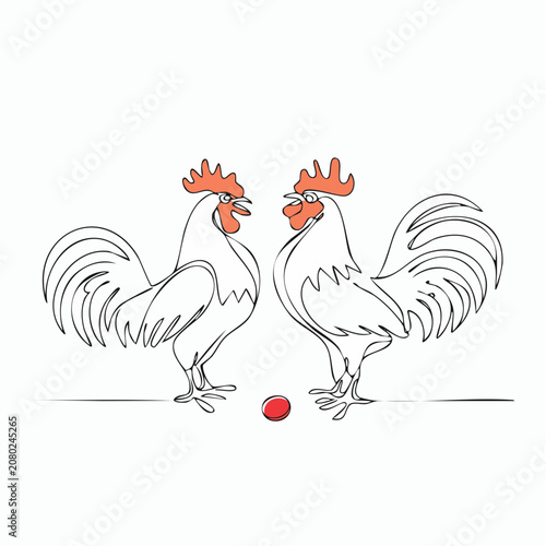 Continuous line art illustration of two elegant roosters contemplating a vibrant red egg on a minimalist white background, evoking a sense of calm interaction