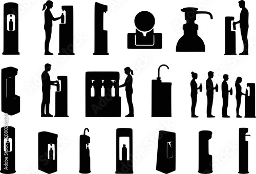 Water Bottle Refill Station Dispenser People Silhouettes Vector Set Isolated