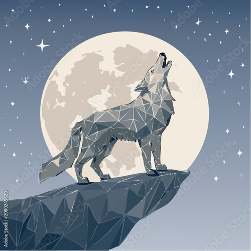 Majestic low-poly wolf howling at the mystical full moon from a geometric cliff at night
