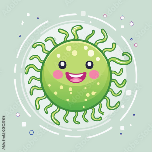 Cute green cartoon microbe with smiling face and tentacles, isolated illustration