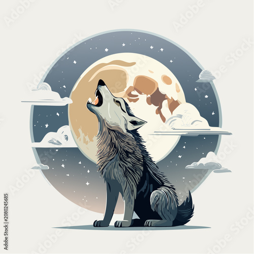 Wolf howling at the moon with clouds in a starry night sky illustration