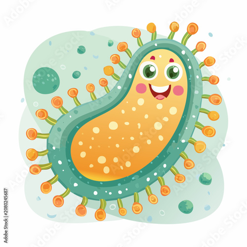 Cute Cartoon Germ Character with Happy Face and Tentacles