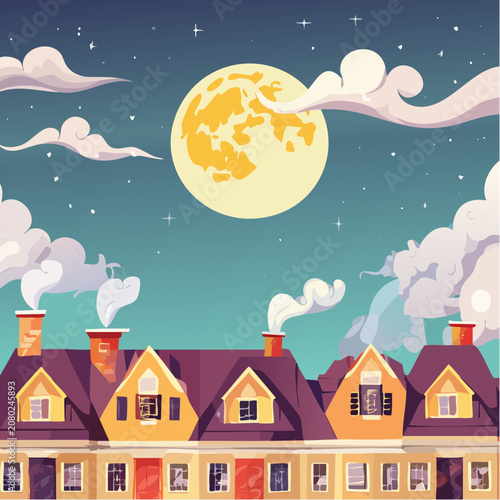 Charming Village Houses Under a Brilliant Full Moon and Starry Night Sky with Warm Chimney Smoke
