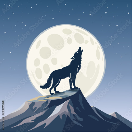 Majestic lone wolf howling under the radiant glow of a full moon in a serene nocturnal wilderness