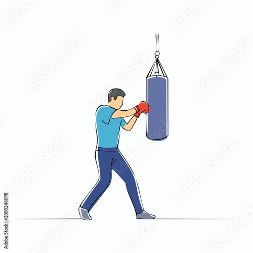 Dynamic illustration of a man boxing a punching bag, embodying the concept of rigorous training, fitness, and strength