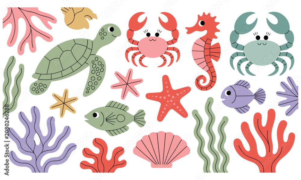 Obraz premium Colorful collection of cute hand drawn marine animals and sea plants creating a delightful underwater scene for whimsical creative projects