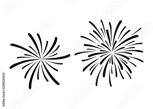 Black ink firework bursts with scattered sparks representing celebration festival holiday party event