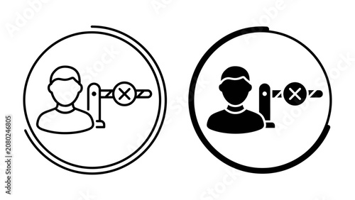 Tableau sur toile Access Denied Icon: Two circular icons, one outlined and one solid black, depict a person standing before a gate or barrier with a red 'X' mark, symbolizing denied access or prohibition