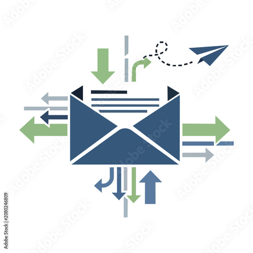Mail envelope with arrows showing data flow and paper plane representing email communication transfer