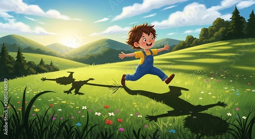 Young girl enjoying a sunny day flying a kite in a meadow.