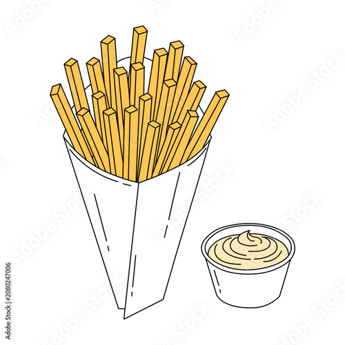 Crispy french fries in paper cone with dipping sauce representing fast food snack meal takeaway food