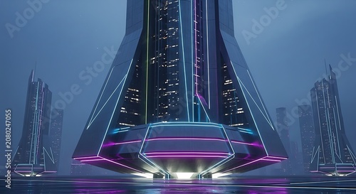 Futuristic car in neon lit cyber cityscape at night.