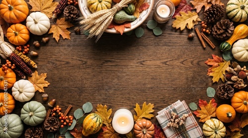 Autumnal Thanksgiving table setting with pumpkins, leaves, and candles on a wooden surface