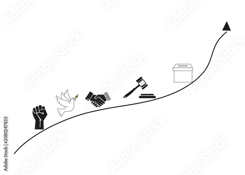 Societal progress upward trend arrow showing democracy justice peace handshake and voting ballot icons