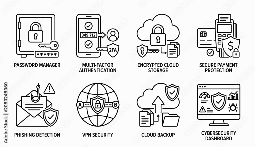 Fototapeta premium Collection of Cybersecurity and Data Protection Icons Representing Various Security Measures