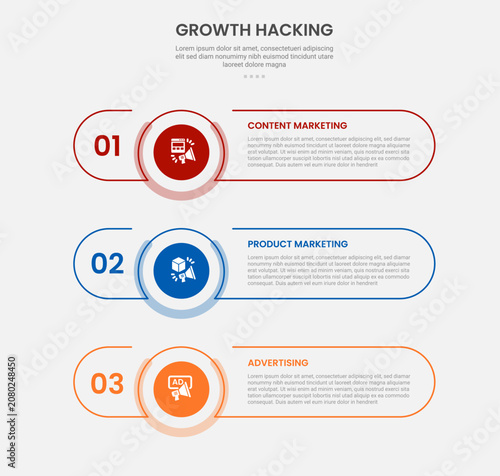 Growth hacking infographic outline style with 3 point template with long round rectangle shape with stack vertical layout for slide presentation