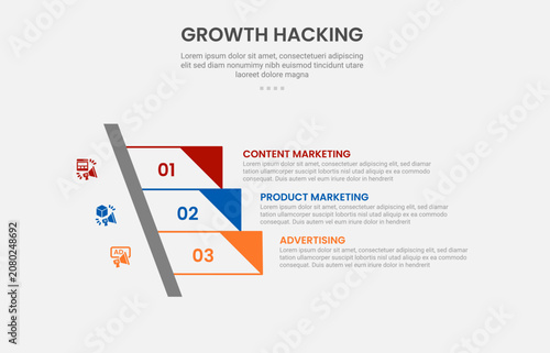 Growth hacking infographic outline style with 3 point template with sharp rectangle stairway ladder with triangle edge for slide presentation