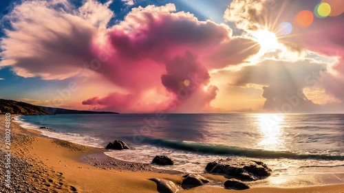 A serene beach scene at sunset with vibrant pink and orange hues