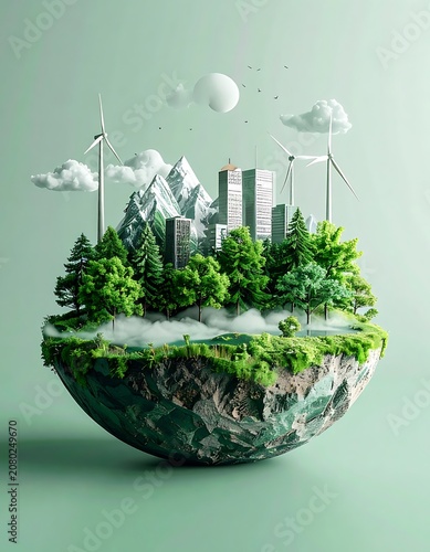 A miniature eco-friendly city on a hemispherical earth