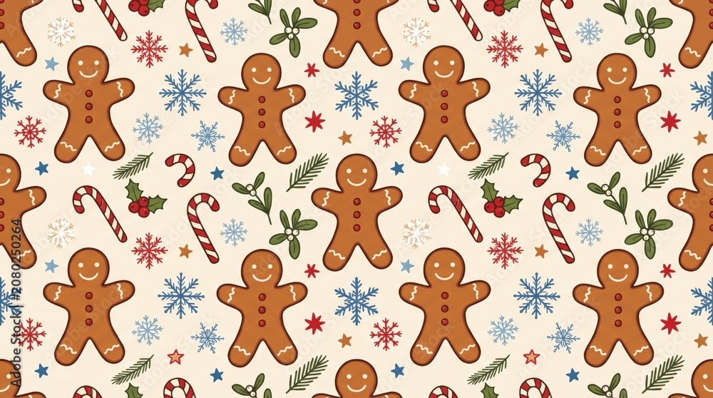 Fototapeta premium A festive seamless pattern featuring gingerbread men, candy canes, holly, and snowflakes on a light background, perfect for holiday designs.