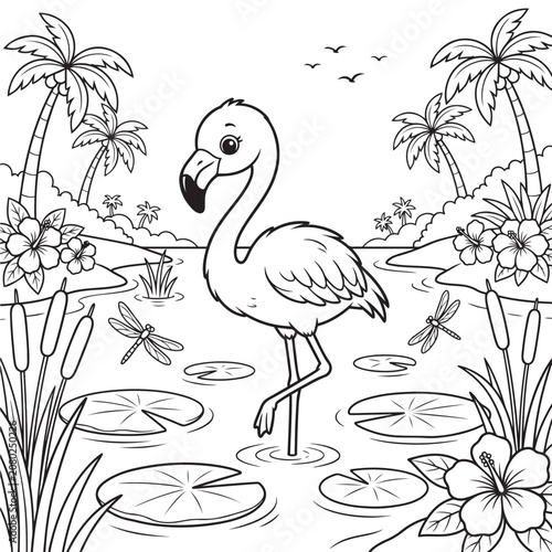 Quadro em tela Flamingo Illustration With Tropical Plants And Dragonflies Black And White Line