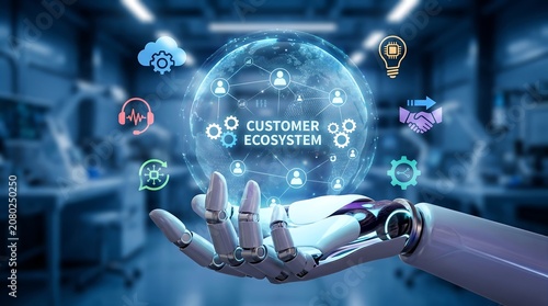 Robotic hand presenting a digital customer ecosystem globe with network icons in a futuristic factory setting representing modern automation artificial intelligence