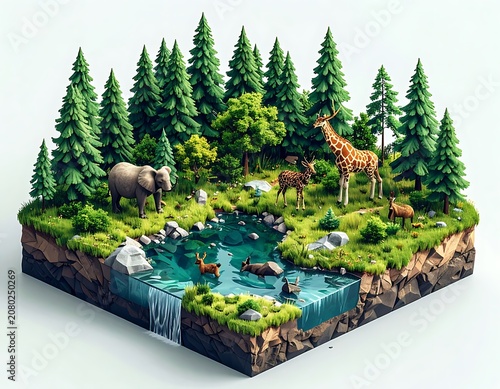 A miniature forest ecosystem with animals and water features