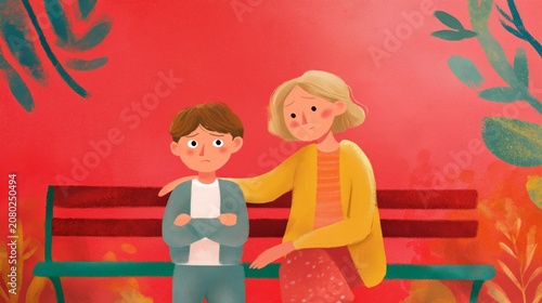 Mother comforting sad boy sitting on park bench outdoors