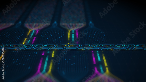 Abstract big data visualization and AI neural network concept with digital circuit lines illustration