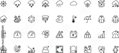 Εκτύπωση καμβά Weather forecast icons with snow and rain symbols and climate change graphics