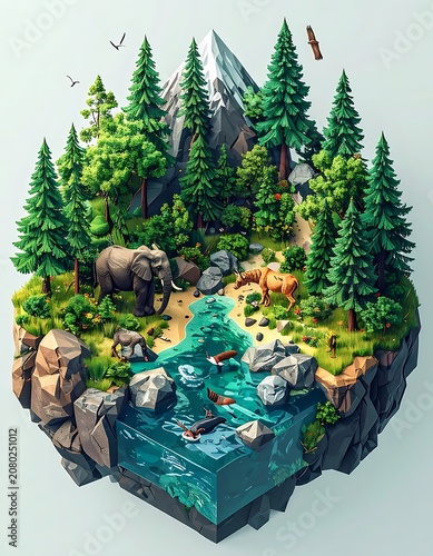 A miniature forest landscape with a river and mountain