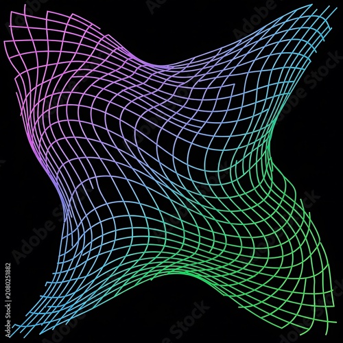 Abstract geometric pattern with flowing purple and green lines.