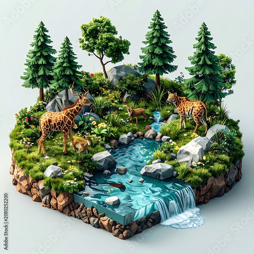 A miniature landscape with waterfall and wildlife