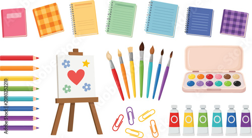 Cuadro en lienzo Art supplies and stationery collection with notebooks brushes paints and pencils