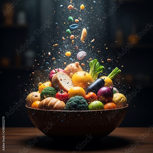 Fresh summer salad with shrimp and vegetables in bowl.