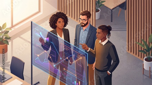 Collaborative team analyzes data on transparent screen in modern office isometric illustration