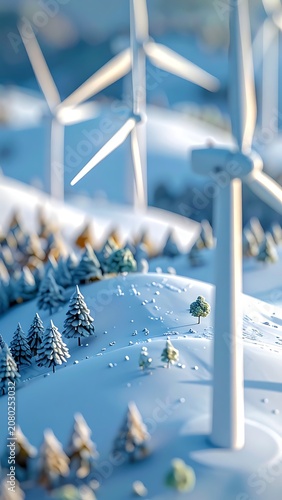 A miniature snowy landscape with wind turbines and trees