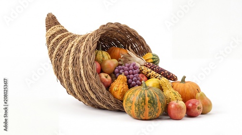 Cornucopia basket with autumn pumpkins and fruit isolated on white
