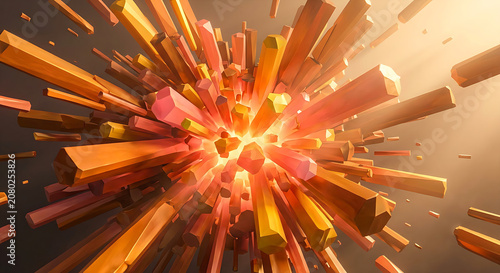 Explosion of colorful splinters and wood fragments in dynamic high-speed motion