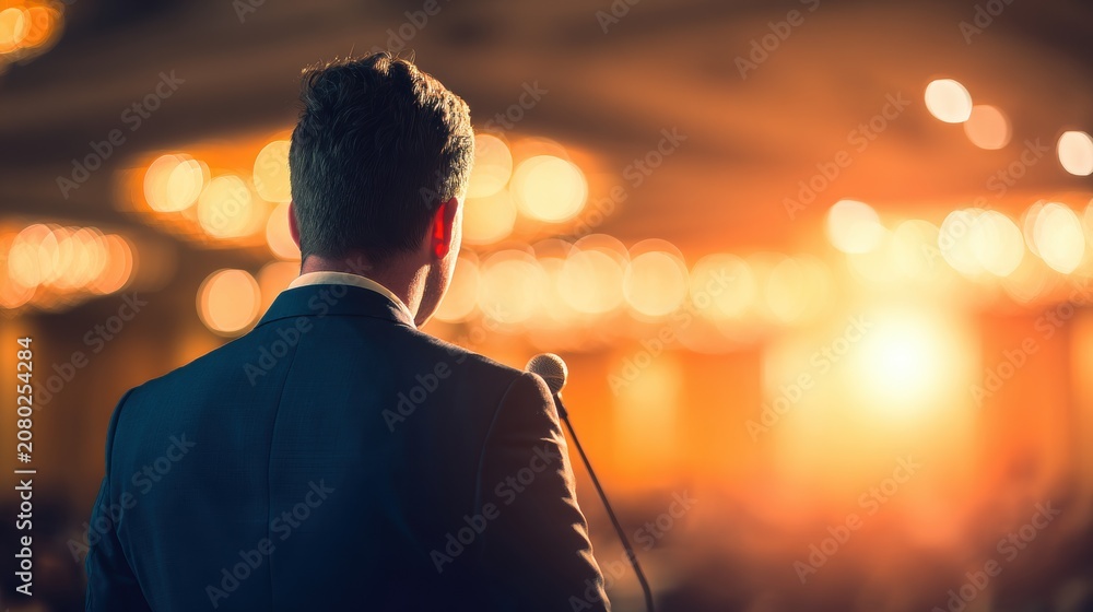 Fototapeta premium Speaker stands at microphone in bright room during event with audience