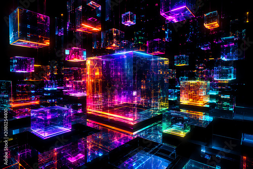 Vibrant Glowing Geometric Crystals Cluster in Dark Abstract Neon Setting