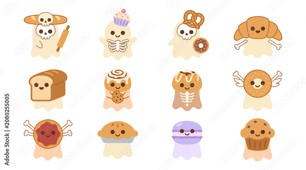 Fototapeta premium Collection of cute cartoon bread and pastry characters with expressive faces and unique designs.
