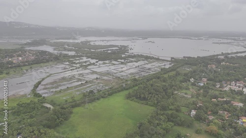 Aerial viewa of Old Goa and the Mandovi River during the monsoon season, featuring coconut palms, green fields, backwaters, lush greenery, nearby houses, and cloudy skies.