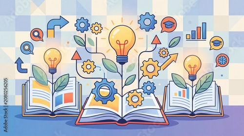 Vector illustration of open books sprouting ideas gears and knowledge for academic growth