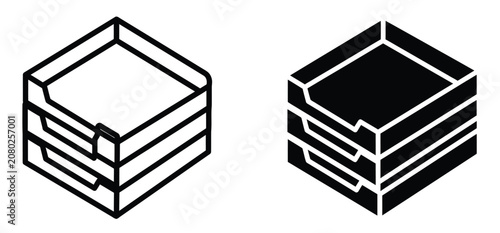 Photos Stacked Tray and Document Holder Vector Icons in Outline and Solid Style for Or