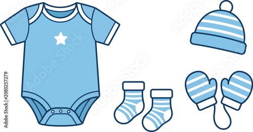 Baby clothing set with onesie, hat, mittens, and socks on white background